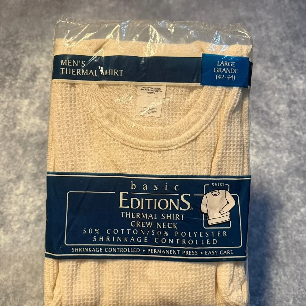 Vintage Basic‎ Editions Mens Thermal Shirt Crew Neck Long Sleeve Cream Large